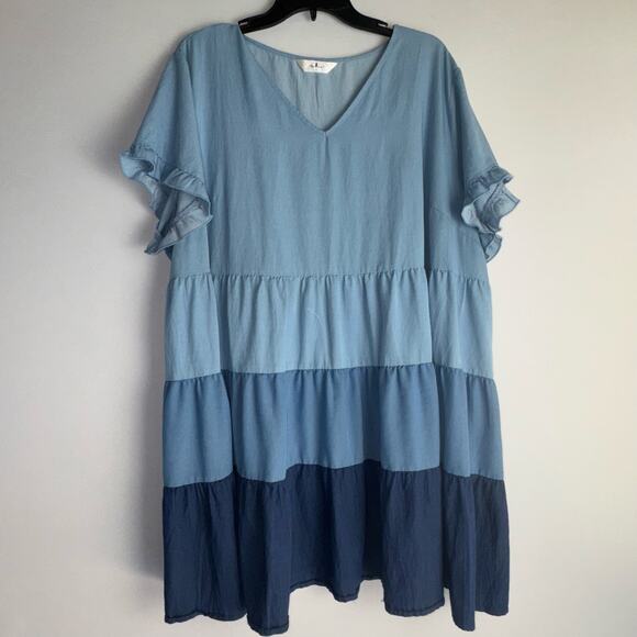 Agnes Orinda Women's Plus Size Colorblock Ruffled Mini Dress Blue 3X-Large - Picture 1 of 8